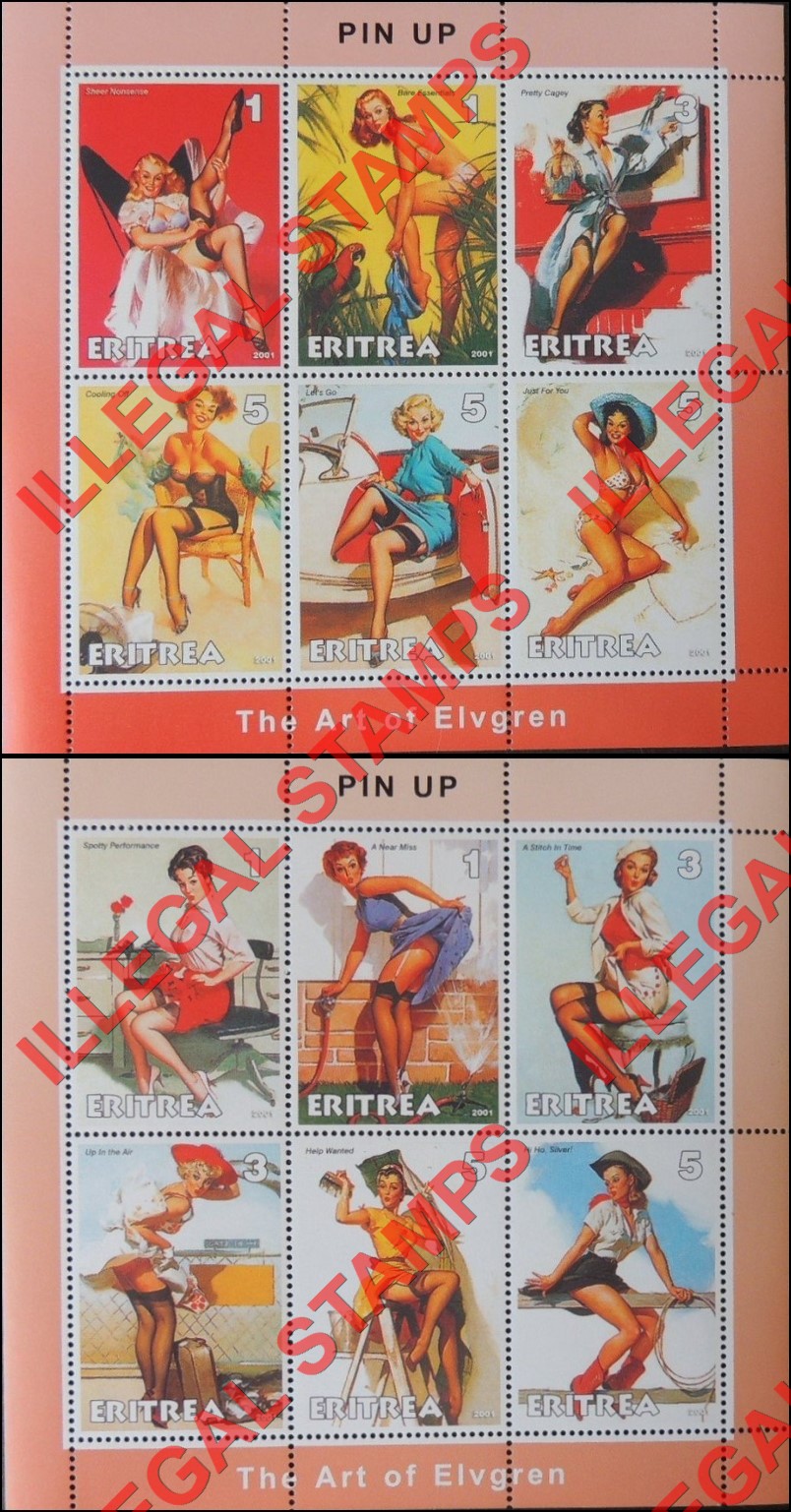 Eritrea 2001 Pin Up Art by Elvgren Counterfeit Illegal Stamp Souvenir Sheets of 6 Eritrea 2001 Pin Up Art by Elvgren Counterfeit Illegal Stamp Souvenir Sheets of 6